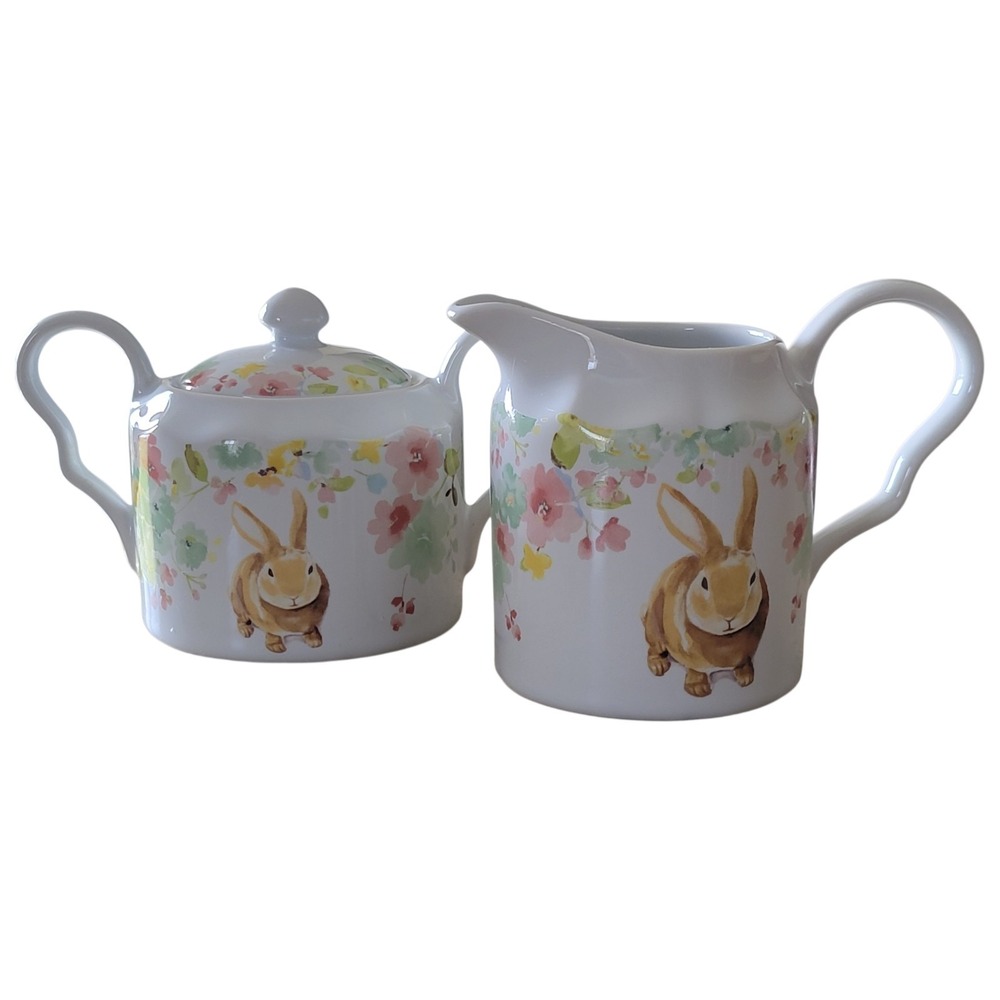 Vtg 222 Fifth Creamer & Sugar w/Lid Set Sydney Spring Floral Bunny Discontinued